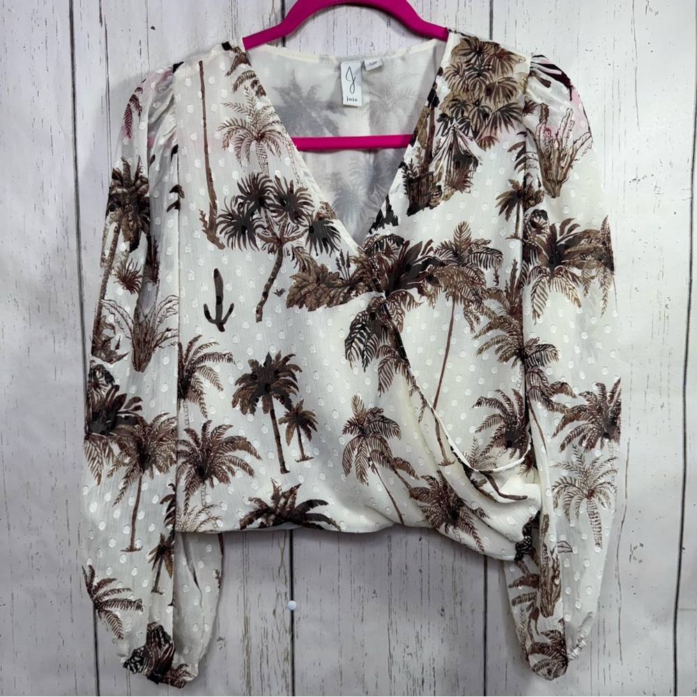 Joie Palm Print Faux Wrap Blouse Tropical Smocked Waist Lightweight Top Resort